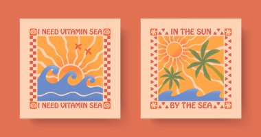 Deniz dalgaları, palmiyeler ve güneşli yaz illüstrasyonları. Groovy boho plajı, eski sörf kulübü estetiği. Basit komik bir tatil geçmişi. Gömlekler, afişler, kapaklar, markalar için grafiksel baskılar.