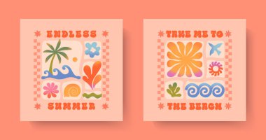 Deniz dalgaları, mercan, palmiye, güneş. Harika boho plajı, sörf kulübü retro estetiği. Basit komik bir tatil geçmişi. Gömlekler, afişler, kapaklar, markalar için grafiksel baskılar.