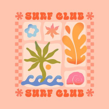 Deniz dalgaları, palmiye, mercan, yıldız, deniz kabuğu ile yaz resimleri. Harika boho plajı, sörf kulübü retro estetiği. Basit bir tatil geçmişi. Tişörtler, kapaklar, markalar için grafiksel baskı.