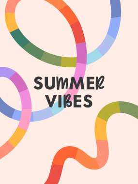 Parlak gökkuşağı çizgileri olan yaz vektör çizimleri. Çok renkli dinamik şekilli soyut arkaplan. Baskı, pankart, reklam, kapak, marka, moda için şablon.