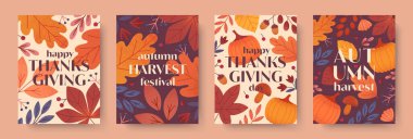 Sonbahar Şükran Günü ve yapraklı hasat posterleri, böğürtlenler, bitkiler, balkabakları, yeşillikler. Vector güz mevsimsel tatil çizimleri. Moda baskılar, reklamlar, afişler, davetiyeler, kapaklar için sonbahar şablonları.