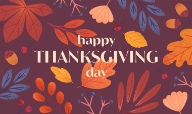 Balkabakları, meşe palamutları, yaprakları, böğürtlenleri, bitkilerle Şükran Günü afişi. Vektör sonbahar tatil illüstrasyonları. Parmak izleri, reklam, smm, markalaşma, amalar, davetiyeler, kapaklar için şükran günü şablonu.