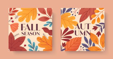 Yapraklı, meyveli, yapraklı, yeşillikli ve bitkili sonbahar kartları. Vektör sonbahar dönemi modern illüstrasyonları. Baskılar, reklamlar, sosyal medya pazarlaması, markalaşma, paketleme, kaplamalar için modaya uygun sonbahar şablonları..