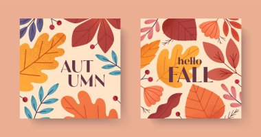 Yapraklı, meyveli, yapraklı, yeşillikli ve bitkili sonbahar kartları. Vektör sonbahar dönemi modern illüstrasyonları. Baskılar, reklamlar, sosyal medya pazarlaması, markalaşma, paketleme, kaplamalar için modaya uygun sonbahar şablonları..