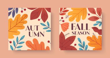 Yapraklı, meyveli, yapraklı, yeşillikli ve bitkili sonbahar kartları. Vektör sonbahar dönemi modern illüstrasyonları. Baskılar, reklamlar, sosyal medya pazarlaması, markalaşma, paketleme, kaplamalar için modaya uygun sonbahar şablonları..