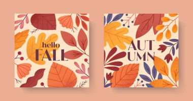 Yapraklı, meyveli, yapraklı, yeşillikli ve bitkili sonbahar kartları. Vektör sonbahar dönemi modern illüstrasyonları. Baskılar, reklamlar, sosyal medya pazarlaması, markalaşma, paketleme, kaplamalar için modaya uygun sonbahar şablonları..