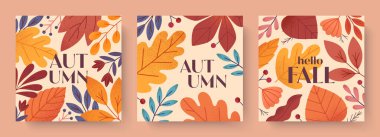 Yapraklı, meyveli, yapraklı, yeşillikli ve bitkili sonbahar kartları. Vektör sonbahar dönemi modern illüstrasyonları. Baskılar, reklamlar, sosyal medya pazarlaması, markalaşma, paketleme, kaplamalar için modaya uygun sonbahar şablonları..