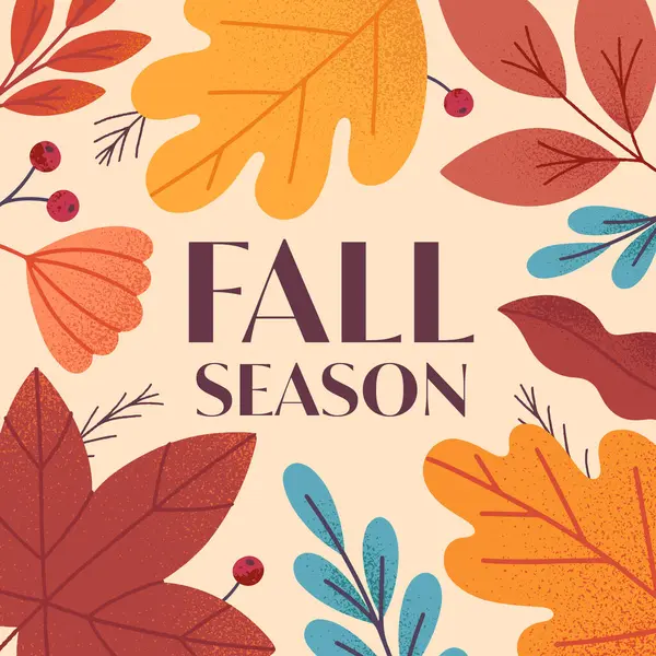 Yapraklar, böğürtlenler, yeşillikler ve bitkilerle dolu sonbahar kartı. Vektör sonbahar dönemi modern illüstrasyonu.Baskı, reklam, sosyal medya pazarlama, markalaşma, paketleme, kaplamalar için moda sonbahar şablonu.