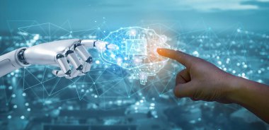 Yapay zeka, makine öğrenimi, robot el ve insan dokunuşu büyük veri ağı bağlantısı, veri değişimi, derin öğrenme, yapay zeka bilimi ve teknoloji, gelecekteki yenilik, makine öğrenmesi.
