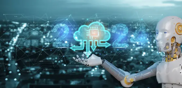 AI 2024 machine deep learning, robot touch in big data network connection cloud computing concept, data exchange, chart analysis, artificial intelligence science and technology, future innovation.