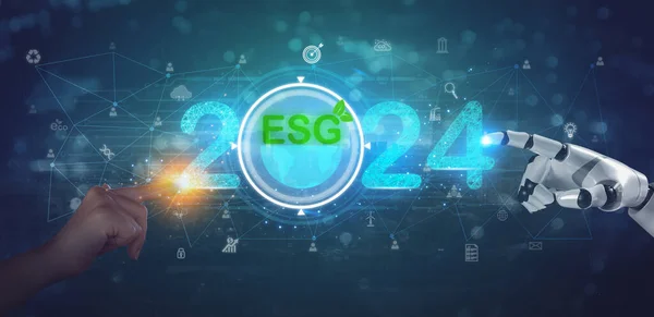 ESG Concepts. Environmental, Social and Corporate Governance. Businessman pressing 2024 target button on screen. ESG impact investing. Ethical and sustainable investing. Challenging ESG future goals.