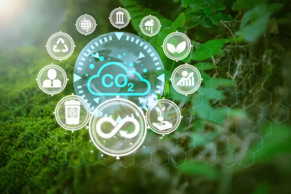 stock image Environment day world concept - Globe glass in green forest with sunlight in nature and abstract icon. Community teamwork, CSR and ESG environmental energy saving collaboration, ecology management.