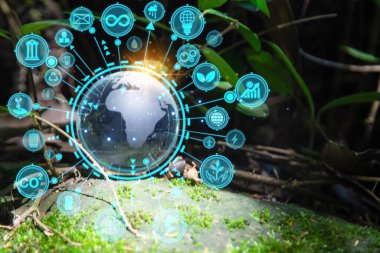 Yeşil orman bitkileriyle çevrili cam küre, doğayı, çevreyi, sürdürülebilirliği, ESG yeşil enerjiyi sembolize ediyor. Dünya çevre günü konsepti, iklim değişikliği farkındalığı hedefleri