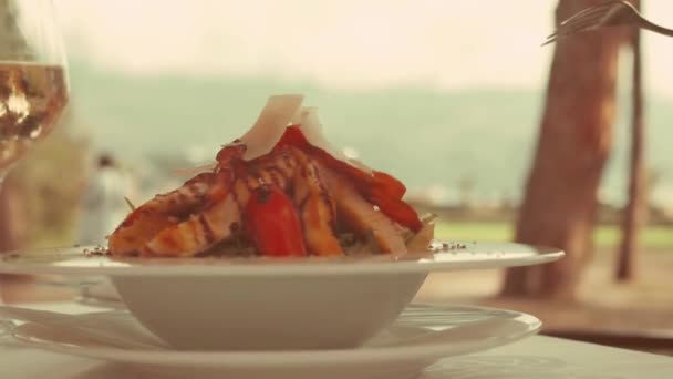 咖啡店里的女孩吃鸡肉沙拉 — 图库视频影像