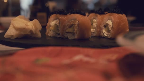 Customer Restaurant Takes Sushi Chopsticks — Vídeos de Stock