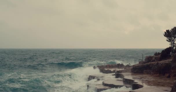 Large Waves Crash Black Rocks Beach Montenegro Cinematic Video Mediterranean — Stock Video