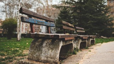 Bir park bankı boş ve mavi bir koltuğu var. Bankın etrafı ağaçlar ve otlarla çevrili.