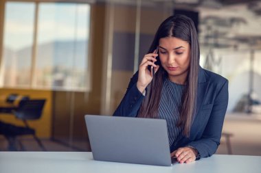 İş yerinde cep telefonuyla konuşan, bilgisayar başında çalışan ciddi bir iş kadını..