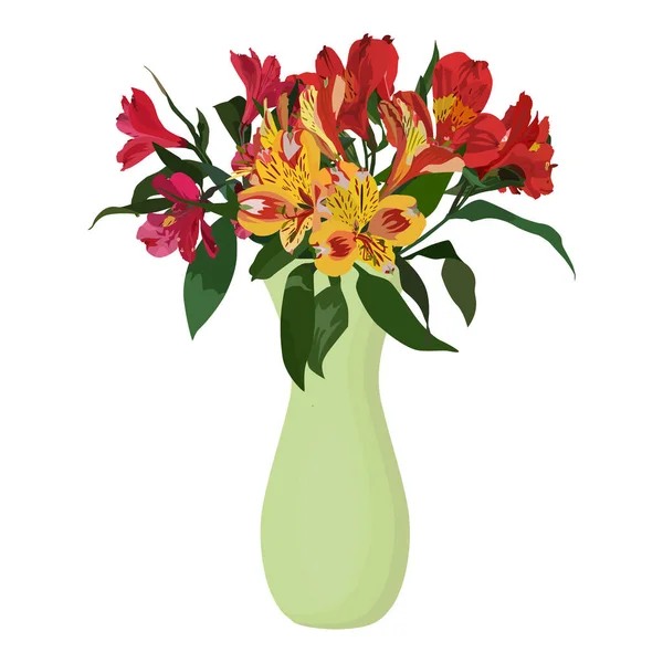 Beautiful Alstroemeria Tropical Flower Bouquet Peruvian Lily Vase Vector Illustration — Stock Vector