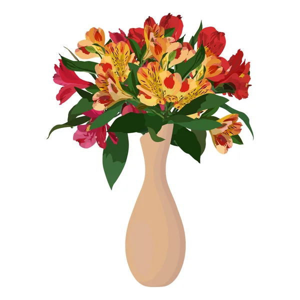 Krásná Alstroemeria Tropické Květiny Kytice Peruánské Lilie Váze Vektorové Ilustrace — Stockový vektor