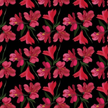 Kırmızı alstromerya ya da Peru zambağı çiçekli vektörsüz desen. Çiçek arkaplan, duvar kağıdı.