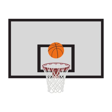 Ağ ve toplu basketbol potası, beyaz arka planda izole edilmiş düz vektör çizimi. Basketbol oynamak için spor aletleri.