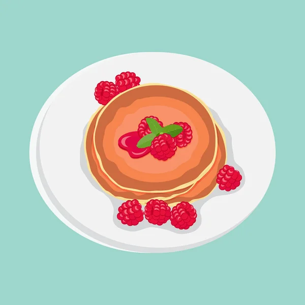 Delicious Breakfast Pancakes Raspberry Jam Plate Top View Flat Vector — Stock Vector