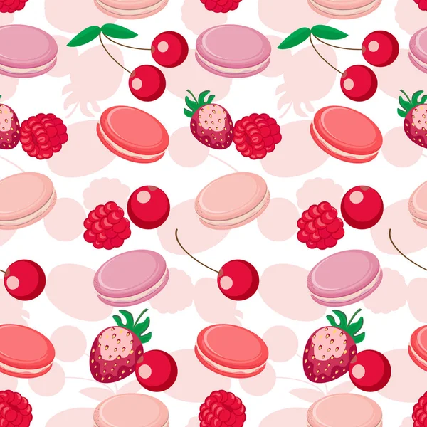 Vektornahtloses Muster Mit Makronenkeksen Erdbeeren Himbeeren Und Kirschfrüchten Französische Snackkekse — Stockvektor