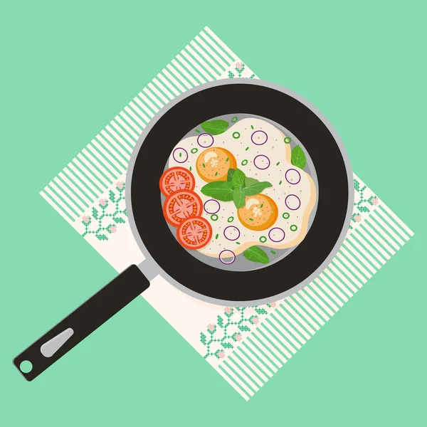 Gebakken Eieren Met Tomaten Spinazie Koekenpan Vlakke Bovenaanzicht Vector Illustratie — Stockvector