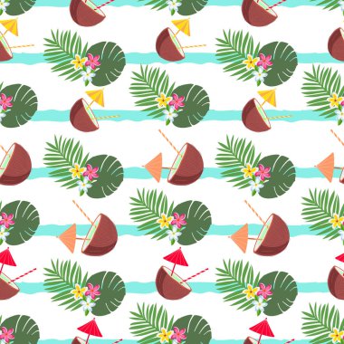Hindistan cevizi kokteyli, egzotik çiçekler, palmiye ve canavar yaprakları ve çizgili tropikal desenler. Vektör yaz mevsimi arka plan, duvar kağıdı.