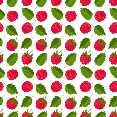 Ahududu ve yapraklarla kusursuz bir şablon. Yaz mevsimi arka planı, duvar kağıdı.