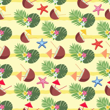 Hindistan cevizi kokteyli, denizyıldızı, egzotik çiçekler, palmiye ve canavar yaprakları ve çizgili tropik plaj desenleri. Vektör yaz mevsimi arka plan, duvar kağıdı.