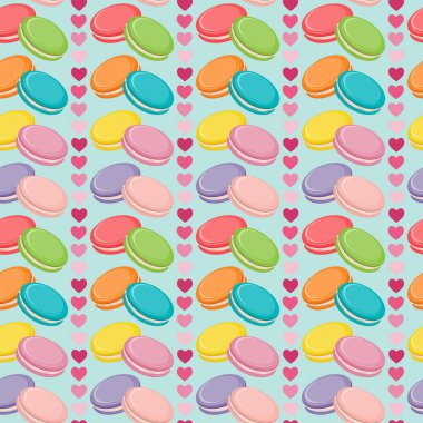 Renkli badem kurabiyeleri ve pembe kalpleri olan kusursuz bir desen. Fransız bisküvileri. Tatlı badem kurabiyesi duvar kağıdı, arka plan.