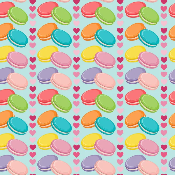 Vector Seamless Pattern Colorful Macaroon Cookies Pink Hearts French Snack — Stock Vector