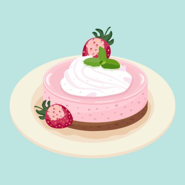 Tabakta cheesecake mini, düz vektör çizimi. Krem şantili çilekli kek. Tatlı meyve tatlısı.