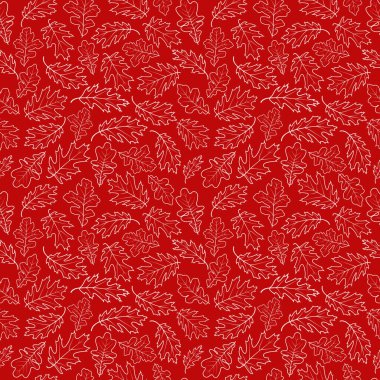 Kırmızı arka planda meşe yaprağı beyaz çizgileri olan dikişsiz çiçek deseni. Tekstil tasarımı, duvar kağıdı.