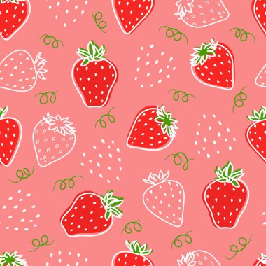 Elle çizilmiş çilekli, pürüzsüz bir desen. Yaz meyveleri mevsimlik arka plan, duvar kağıdı.