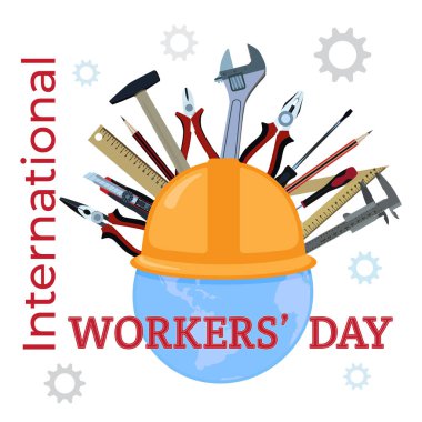 Uluslararası İşçi Bayramı afişi, işaret, vektör illüstrasyonu. İşçi Bayramı tasarım elementi Dünya gezegeni işçi şapkası ve çalışma araçlarıyla.