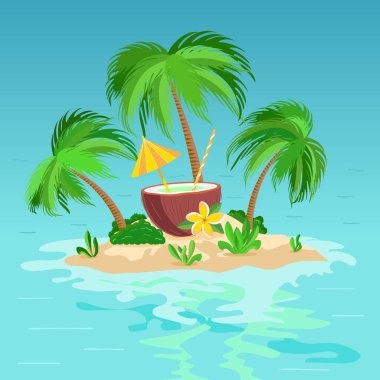 Saman ve şemsiyeli hindistan cevizi kokteyli tropikal frangipani çiçeği, palmiye ağaçları ve adada egzotik yapraklar, düz vektör çizimi. Yaz tatili, tropik plaj partisi tasarım elementi..