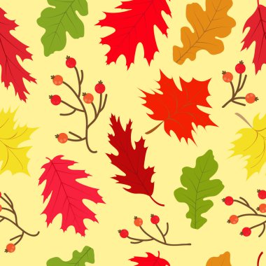 Renkli meşe yaprakları, akçaağaç yaprakları ve böğürtlen dallarıyla sonbahar pürüzsüz deseni. Sonbahar mevsimi vektörü tekrarlanan tekstil tasarımı, duvar kağıdı, arkaplan.