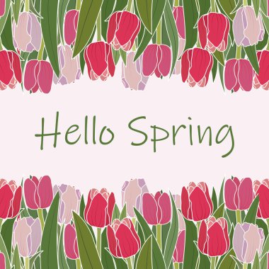 Merhaba bahar çerçevesi, dış hatları lale çiçekli kenar, vektör illüstrasyonu. Bahar çiçeği arkaplanı, afiş, poster, tebrik kartı tasarım şablonu.