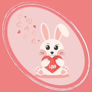 Sevgi dolu, sevimli bir tavşan. Mutlu Sevgililer Günü, Paskalya veya doğum günü tebrik kartı için çizgi film karakterinin düz stil çizimi..