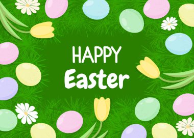 Paskalya yumurtası ve çiçek çerçevesi, sınır. Mutlu Paskalya Bayramı tebrik kartı, davetiye, poster, pankart tasarım unsuru, vektör illüstrasyonu.