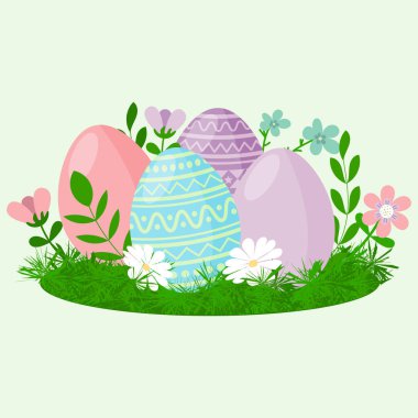 Paskalya yumurtaları ve çiçek açan yeşil çayırlar. Mutlu Paskalya bayramı arkaplanı, tebrik kartı, davetiye tasarım unsuru, vektör illüstrasyonu.