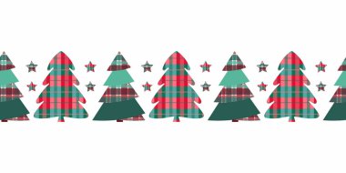 Noel ağacı ekoseli sınırsız sınır. Bufalo ile kış tatili tasarım elementi köknar ağaçları ve yıldızları kontrol et, vektör illüstrasyonu.