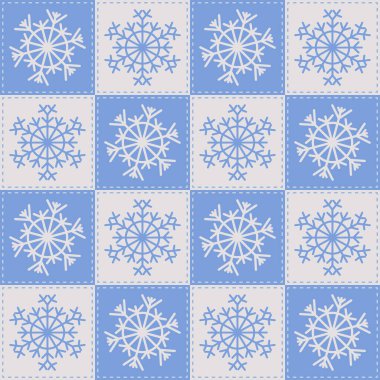 Patchwork bufalo ekoseli vektör dikişsiz desen. Noel kareli yorgan, duvar kağıdı, kar taneli arka plan.