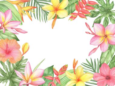 Watercolor Frame of tropical flowers and leaves. Hand drawing palm leaves, monstera, strelitzia, anthurium, plumeria and hibiscus on a white background