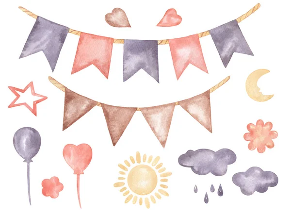 Set Acquerello Illustrazioni Feste Compleanno Bambini Con Nuvole Palloncini Isolati — Foto Stock