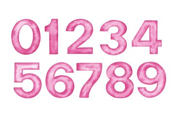 El boyası suluboya pembe numara 0-9 beyaz zemin üzerinde izole edilmiş..