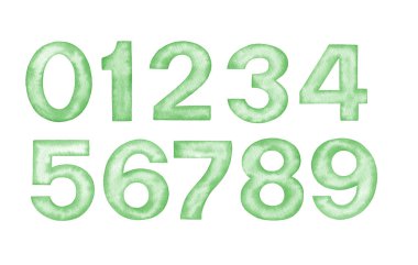 El boyası suluboya yeşil numara 0-9 beyaz zemin üzerinde izole.